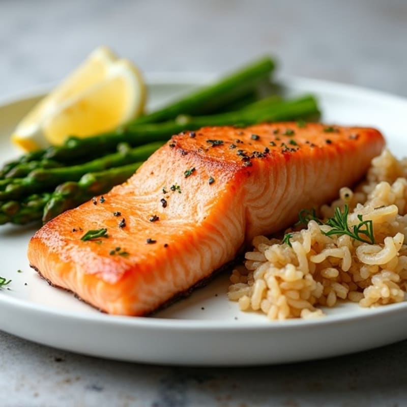 Seared Salmon Fillet with Steamed Asparagus and Brown Rice