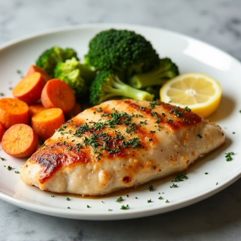 Crispy Lemon-Herb Roasted Chicken with Sweet Potatoes and Broccoli