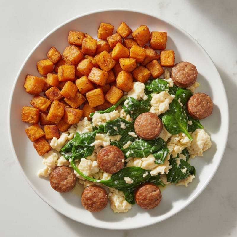 Egg White Spinach Scramble with Turkey Sausage