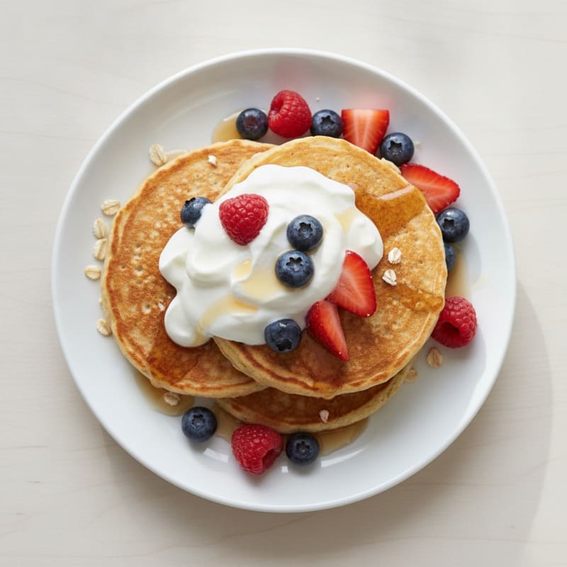 Cottage Cheese Protein Pancakes with Greek Yogurt and Mixed Berries