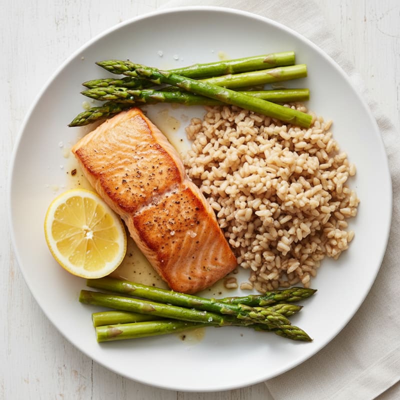 Seared Salmon Fillet with Steamed Asparagus and Brown Rice