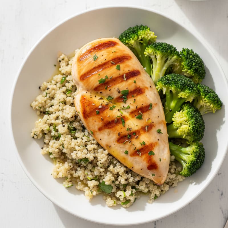 Lemon Herb Grilled Chicken Breast with Quinoa and Steamed Broccoli