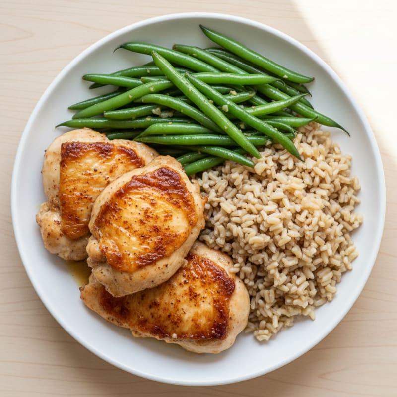 Seared Chicken Thighs with Garlic Green Beans and Brown Rice