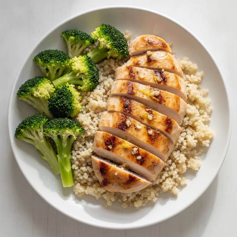 Grilled Chicken Breast with Steamed Broccoli and Quinoa