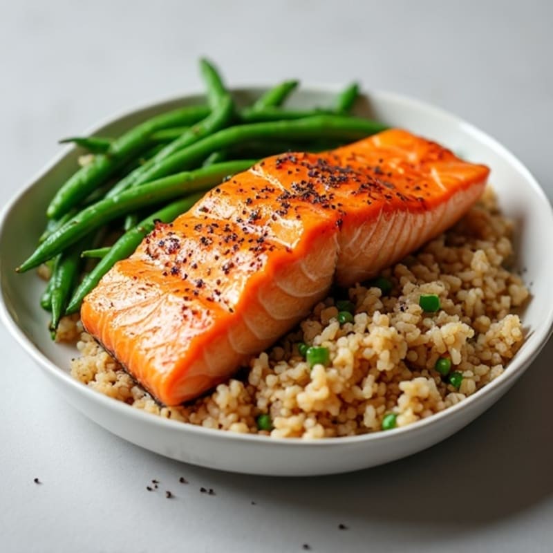 Seared Salmon with Steamed Green Beans and Brown Rice