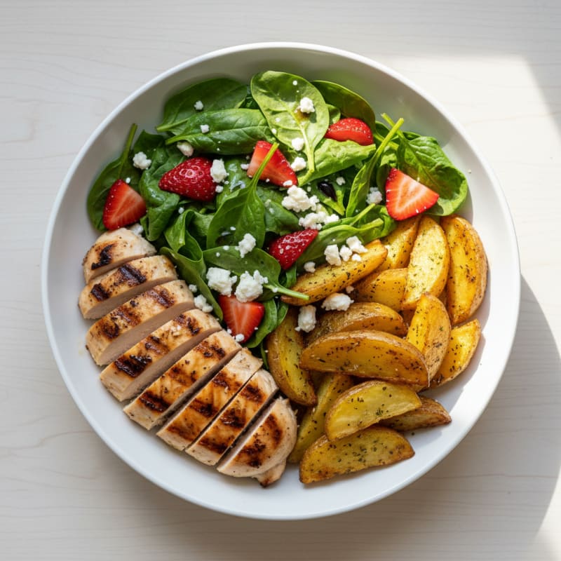 Grilled Chicken and Roasted Russet Potato Bowl with Strawberry Spinach Salad