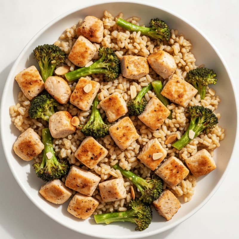Chicken and Brown Rice Breakfast Bowl with Roasted Broccoli and Toasted Almonds