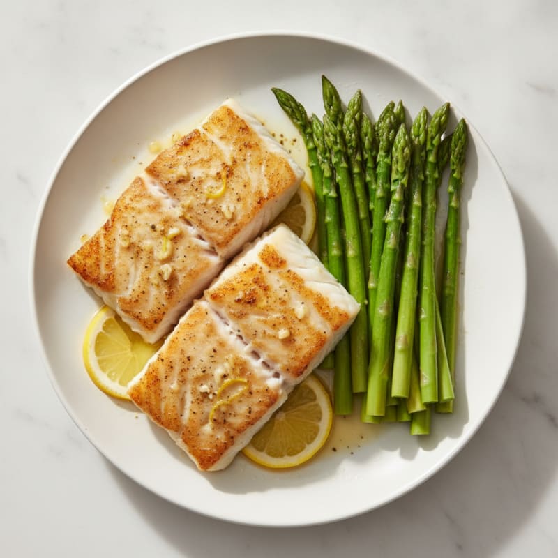 Broiled Cod with Steamed Asparagus and Lemon