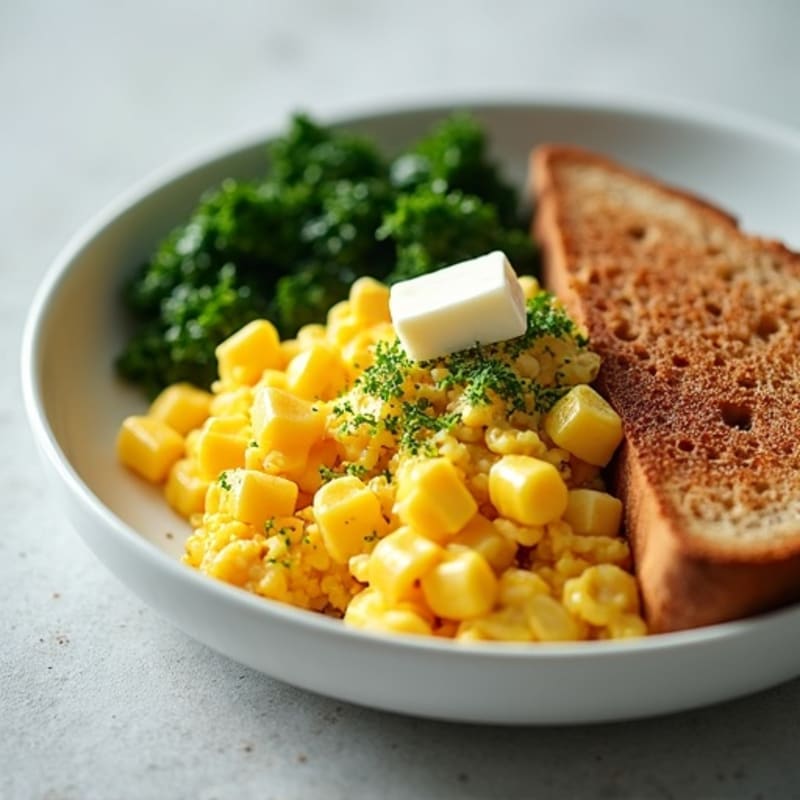 Creamy Scrambled Eggs with Sautéed Greens and Crispy Whole Grain Toast
