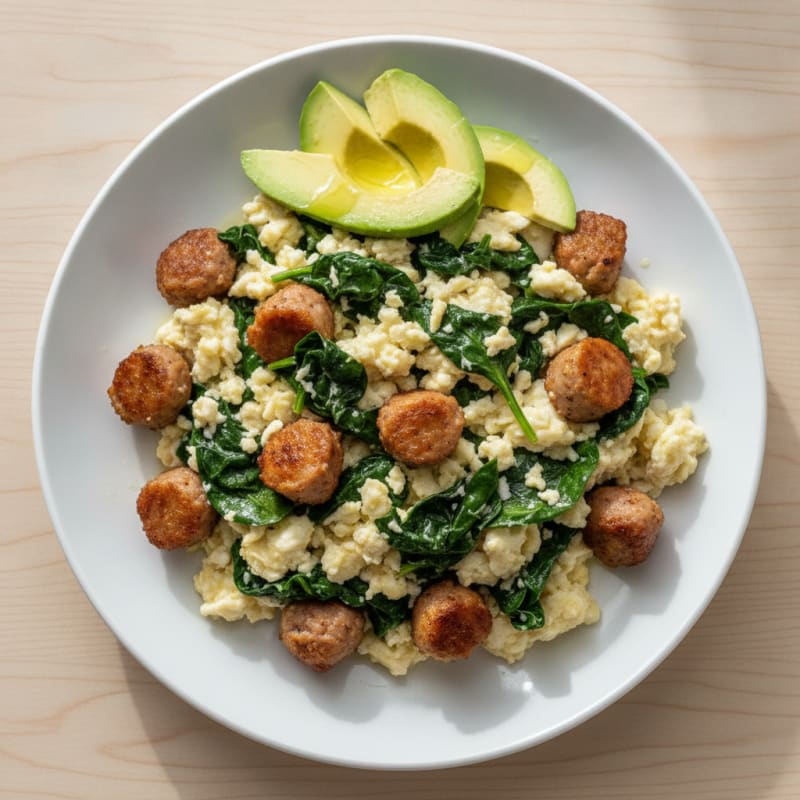 Egg White Scramble with Chicken Sausage and Sautéed Spinach