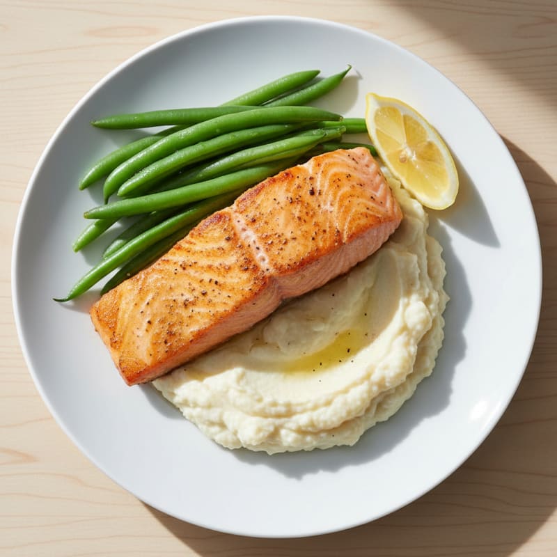 Seared Salmon Fillet with Steamed Green Beans and Cauliflower Mash