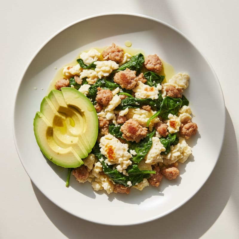 Scrambled Egg Whites with Turkey Sausage and Sautéed Spinach