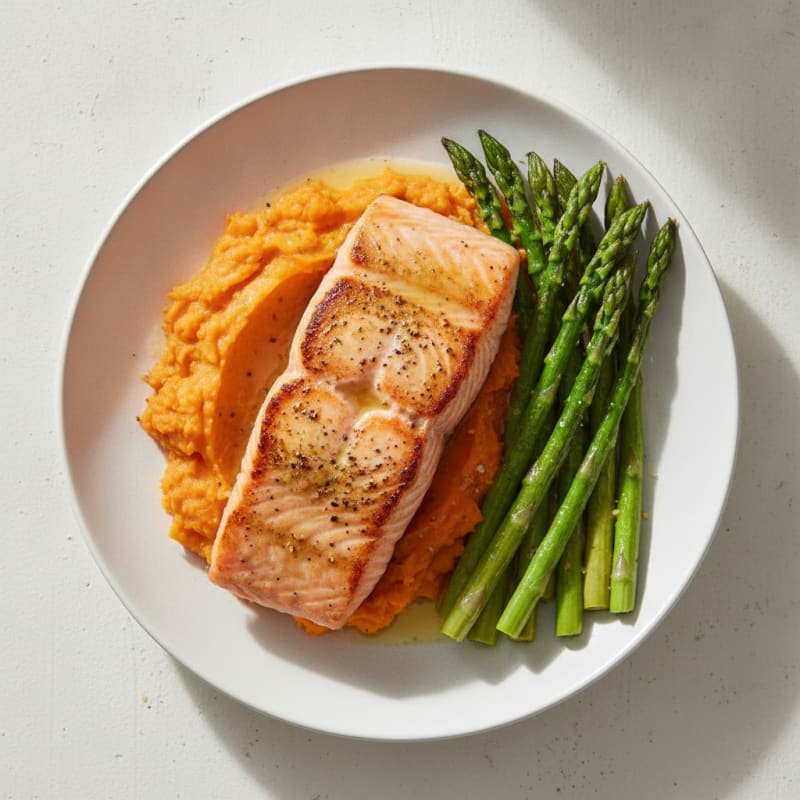 Seared Salmon with Roasted Asparagus and Sweet Potato Mash