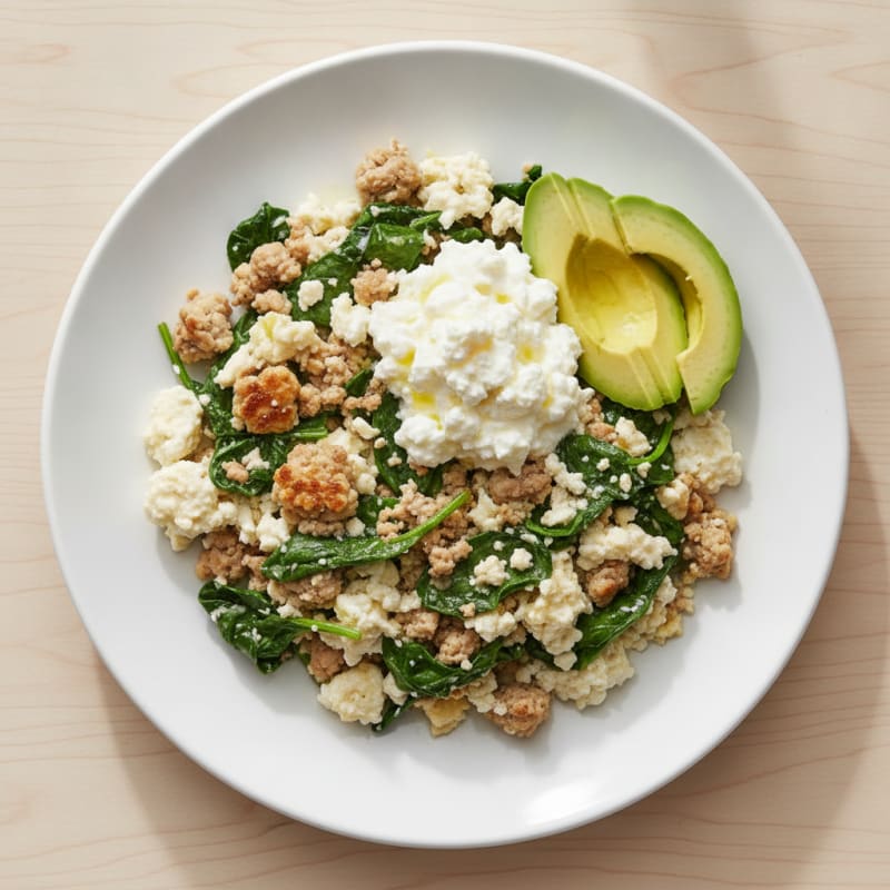 Egg White and Turkey Spinach Scramble with Cottage Cheese