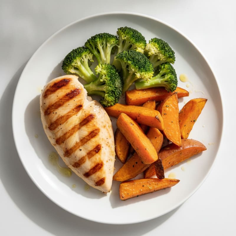 Grilled Chicken Breast with Roasted Sweet Potatoes and Steamed Broccoli