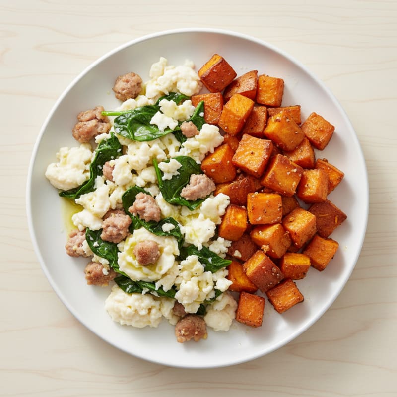 Egg White and Turkey Sausage Scramble with Spinach and Roasted Sweet Potato