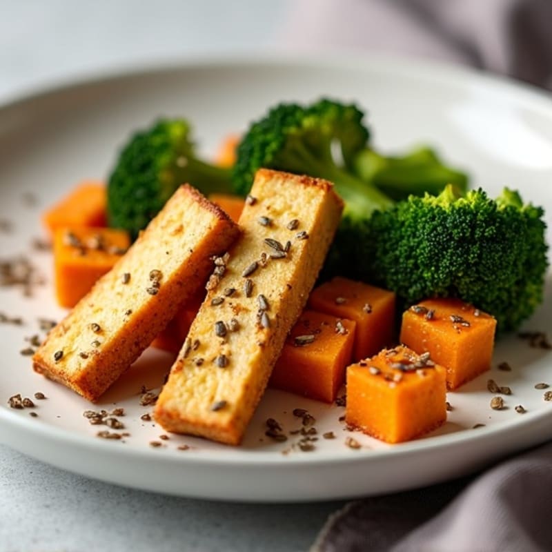 Crispy Baked Tofu with Roasted Broccoli and Sweet Potato