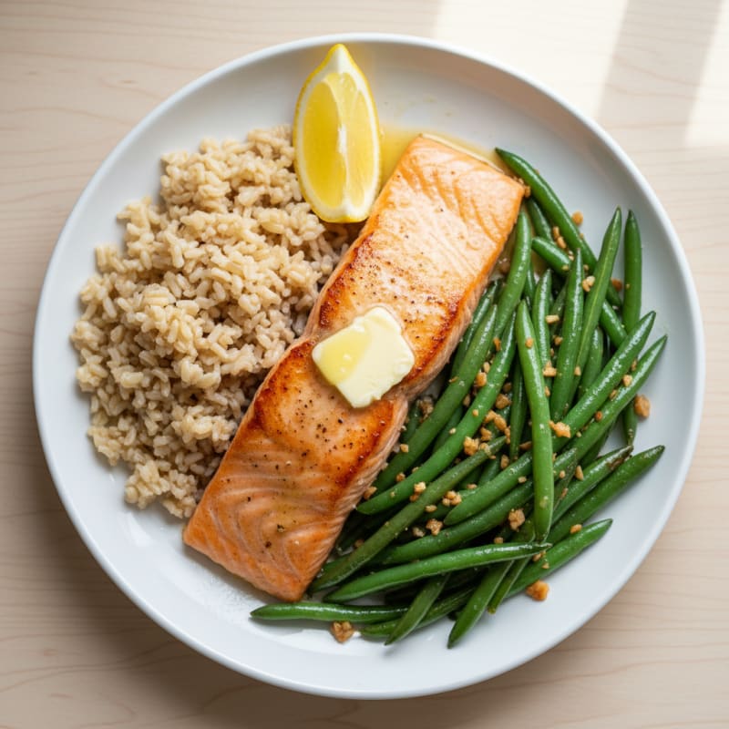 Seared Salmon with Garlic Green Beans and Brown Rice