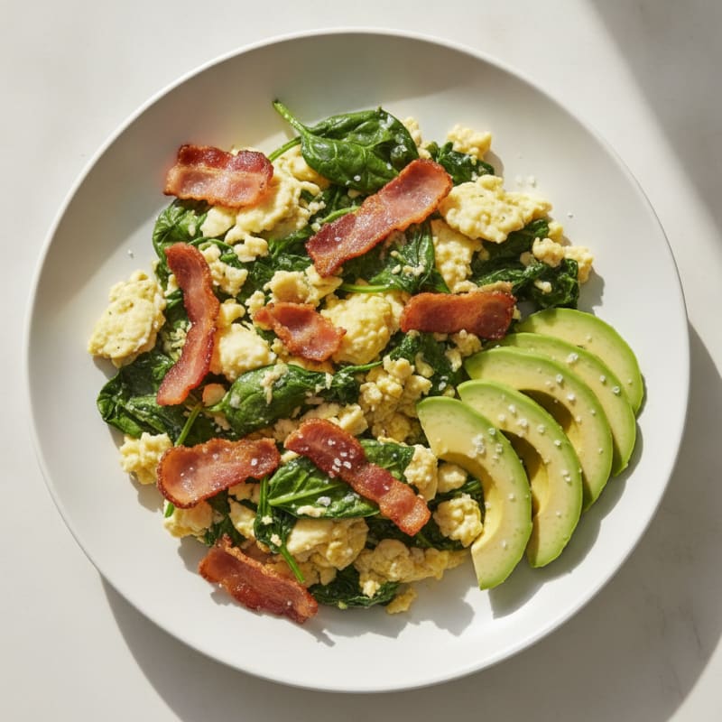 Crispy Turkey Bacon Egg White Scramble with Spinach