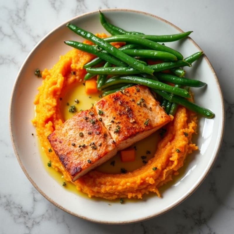 Seared Salmon with Garlic Green Beans and Sweet Potato Mash