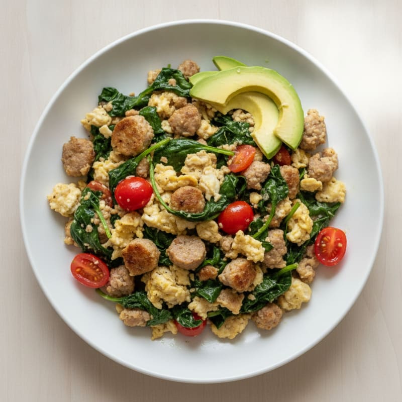 Egg White and Turkey Sausage Scramble with Sautéed Spinach