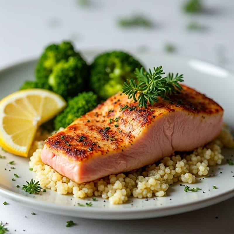 Seared Tuna Steak with Roasted Broccoli and Lemon Quinoa