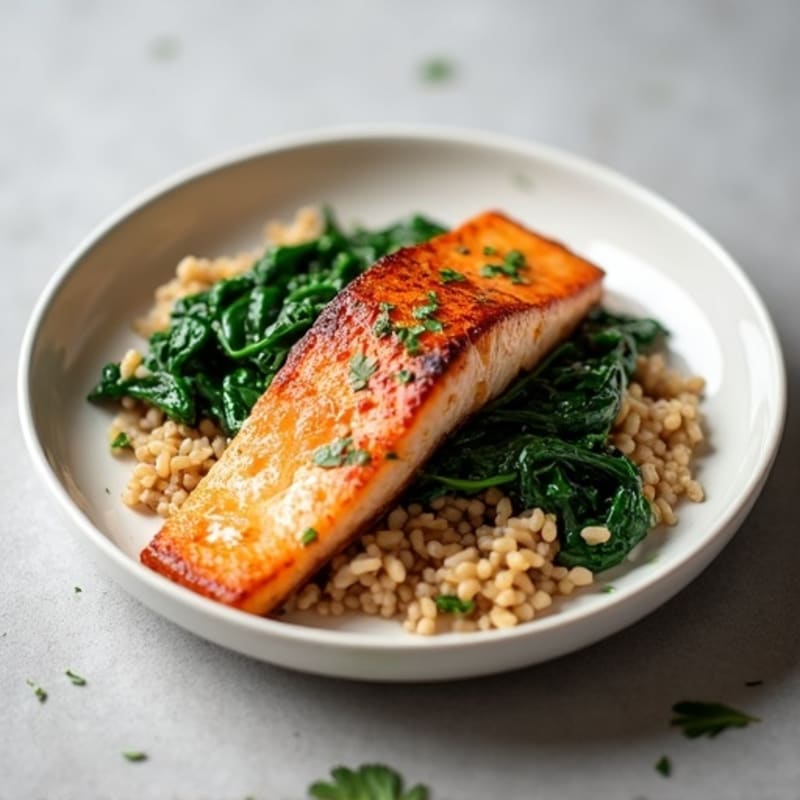 Seared Salmon with Garlic Spinach and Brown Rice