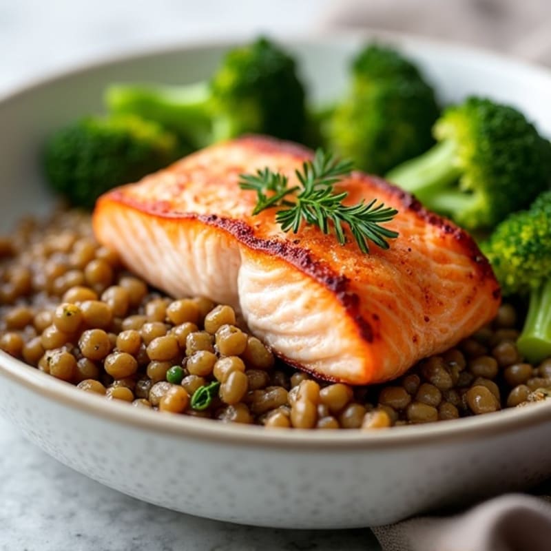 Seared Salmon with Roasted Broccoli and Garlic Lentils