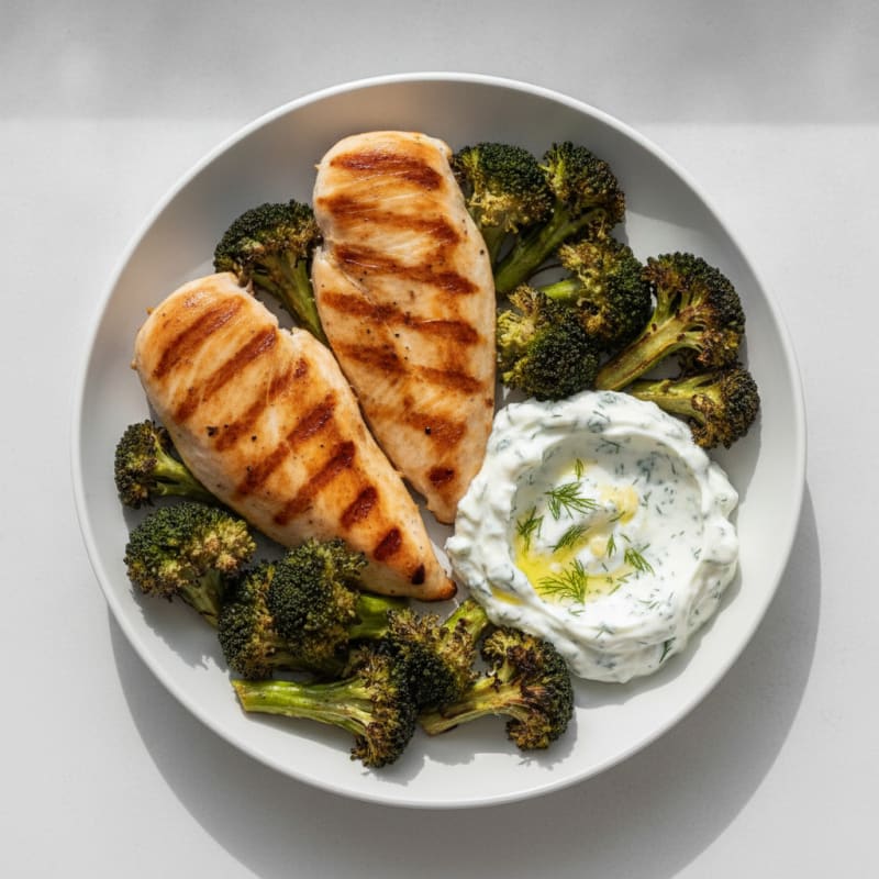 Grilled Chicken Breast with Greek Yogurt Herb Dip and Roasted Broccoli