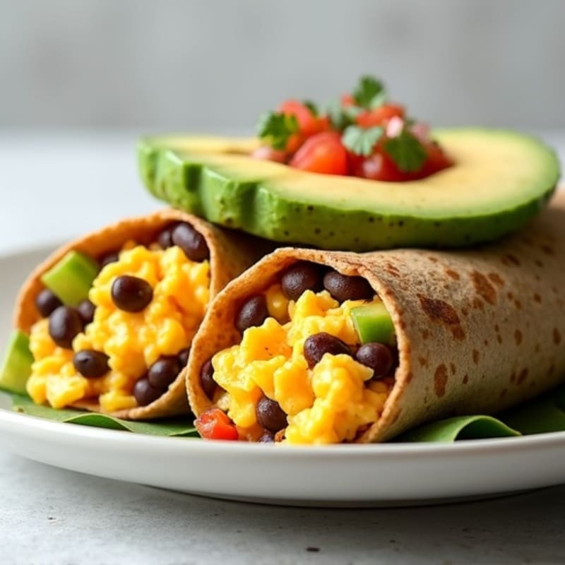 Scrambled Egg and Black Bean Burrito with Creamy Avocado and Fresh Salsa