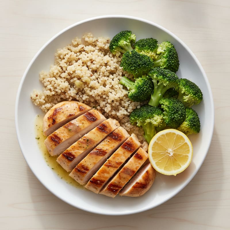 Grilled Chicken Breast with Steamed Broccoli and Quinoa