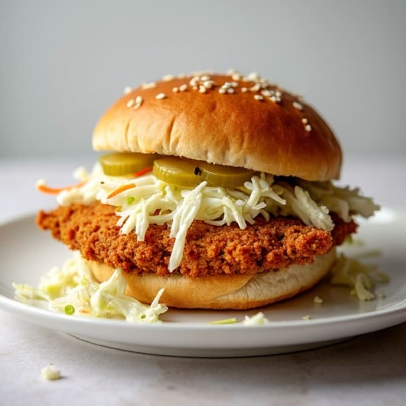 Crispy Air-Fried Chicken Sandwich with Tangy Pickles and Creamy Slaw