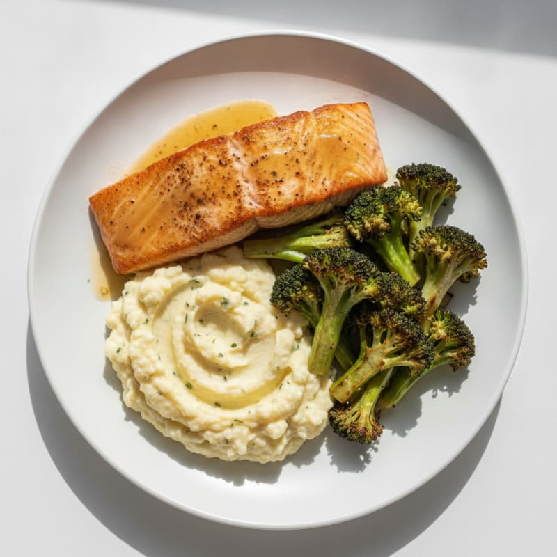 Seared Salmon with Roasted Broccoli and Garlic Mashed Cauliflower