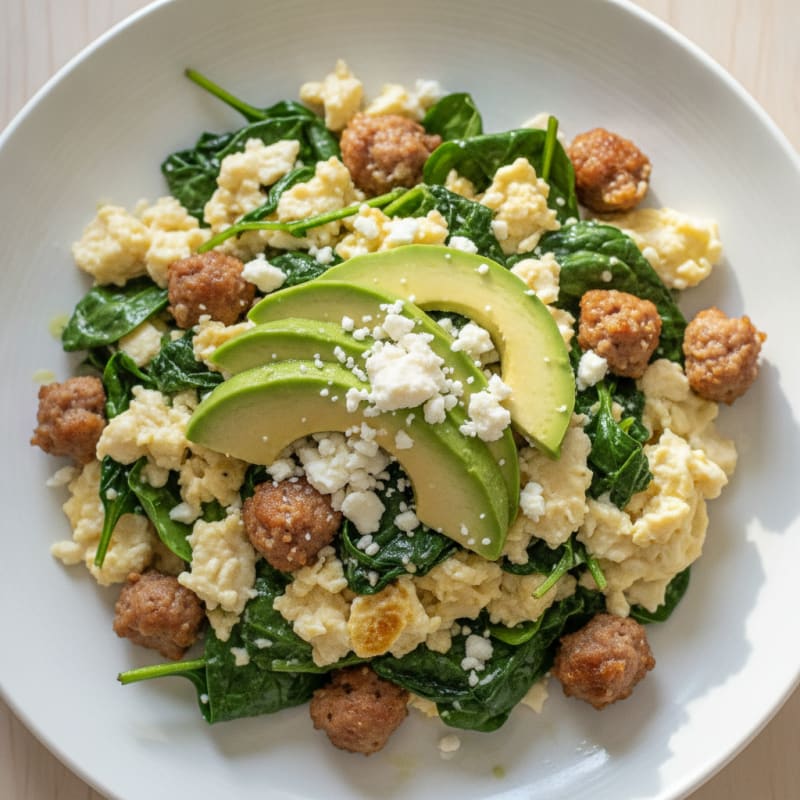 Egg White Spinach Scramble with Turkey Sausage