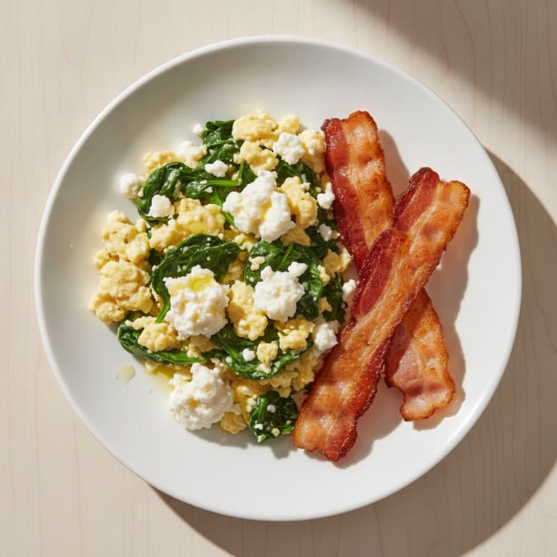 Cottage Cheese Scramble with Spinach and Turkey Bacon