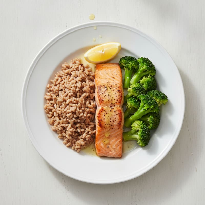 Seared Salmon with Steamed Broccoli and Brown Rice