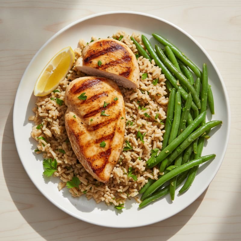 Seared Chicken Breast with Herb Brown Rice and Sautéed Green Beans