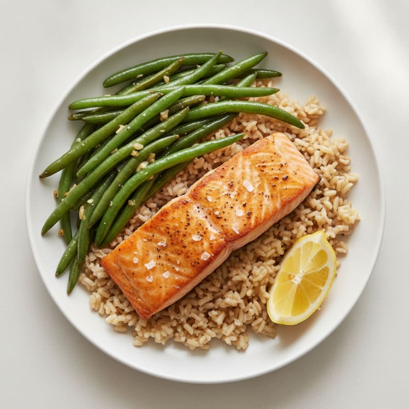 Seared Salmon with Garlic Green Beans and Brown Rice