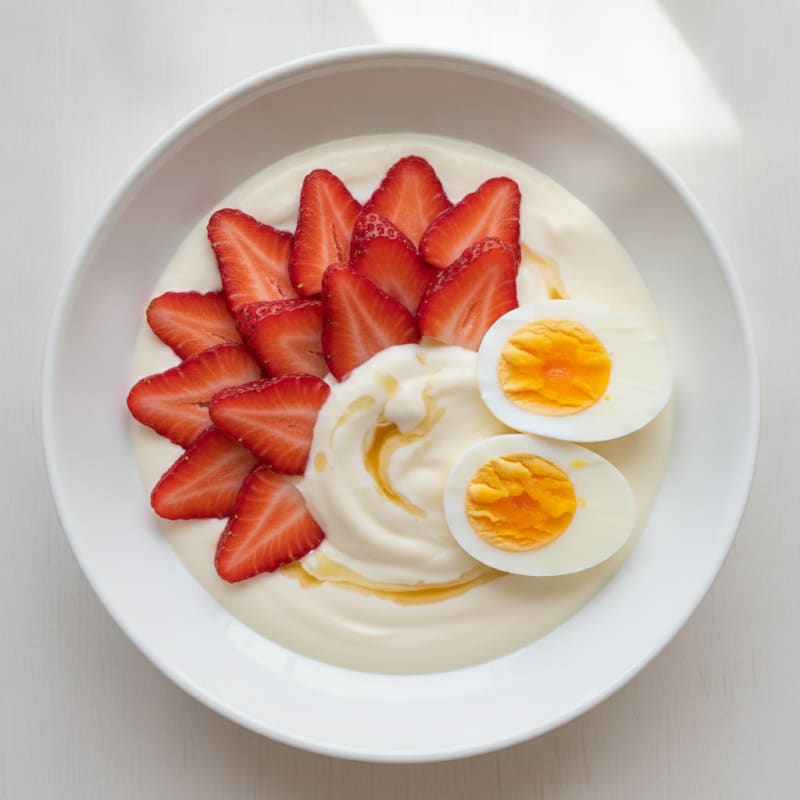 Protein Vanilla Greek Yogurt with Boiled Eggs and Sliced Strawberries