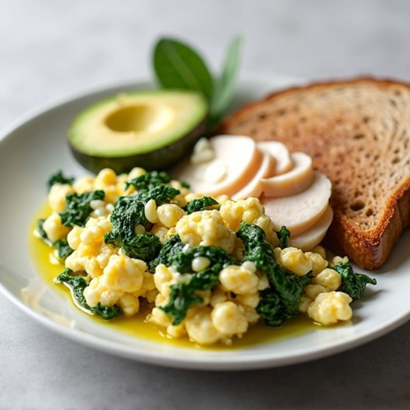 Egg White Spinach Scramble with Cottage Cheese and Sliced Turkey