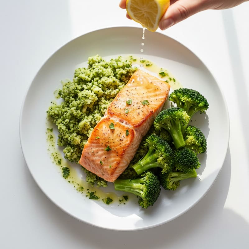 Seared Salmon with Steamed Broccoli and Herbed Cauliflower Rice