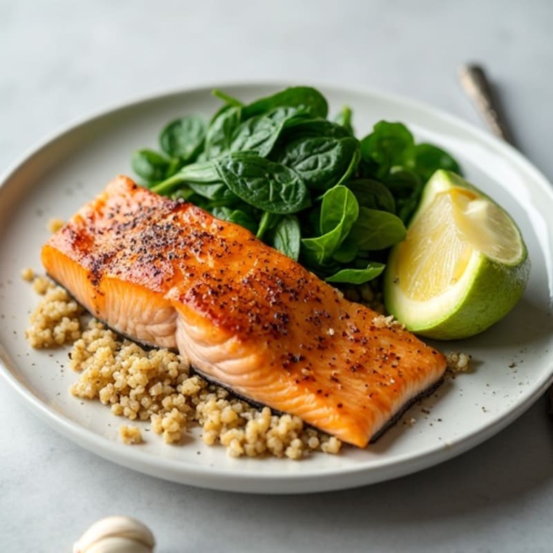 Seared Salmon Fillet with Garlic Quinoa and Sautéed Spinach