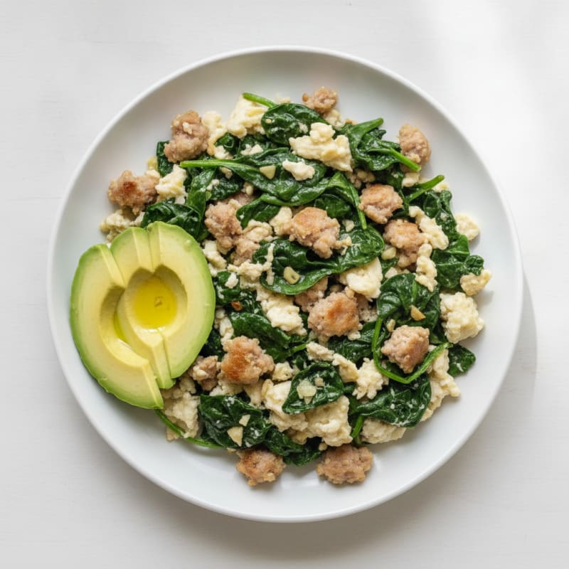 Egg White and Turkey Sausage Scramble with Sautéed Spinach