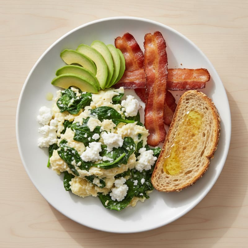 Egg White and Spinach Scramble with Cottage Cheese and Turkey Bacon