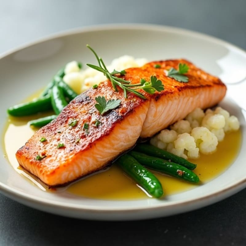 Seared Salmon with Garlic Green Beans and Cauliflower Mash