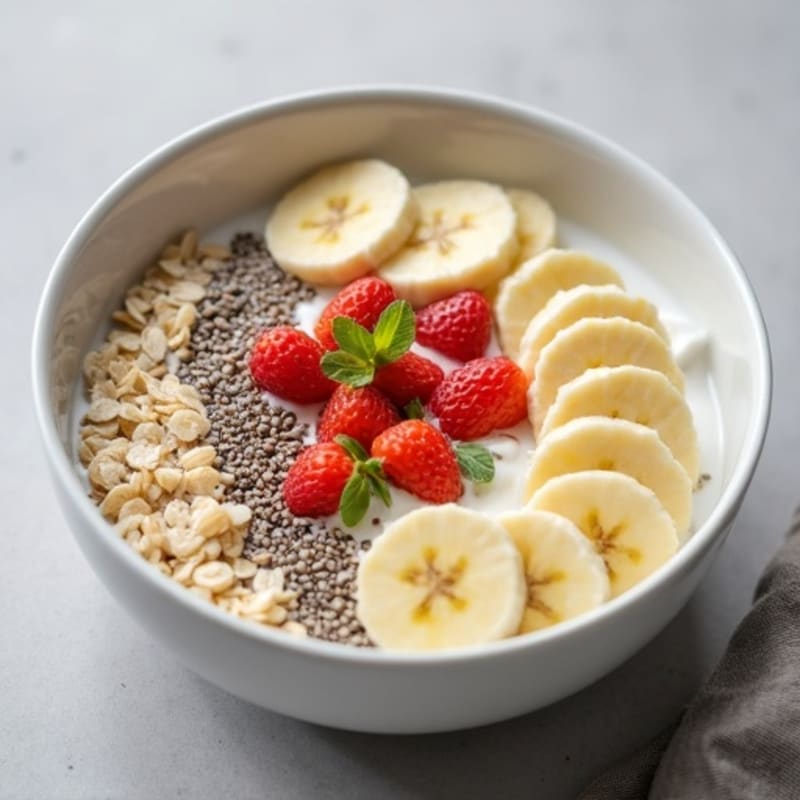 Overnight Oats with Greek Yogurt, Chia Seeds and Sliced Bananas