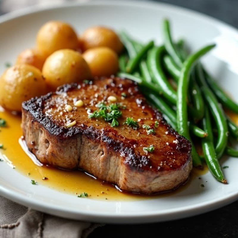 Garlic Butter Pan-Seared Steak with Crispy Roasted Potatoes and Fresh Green Beans