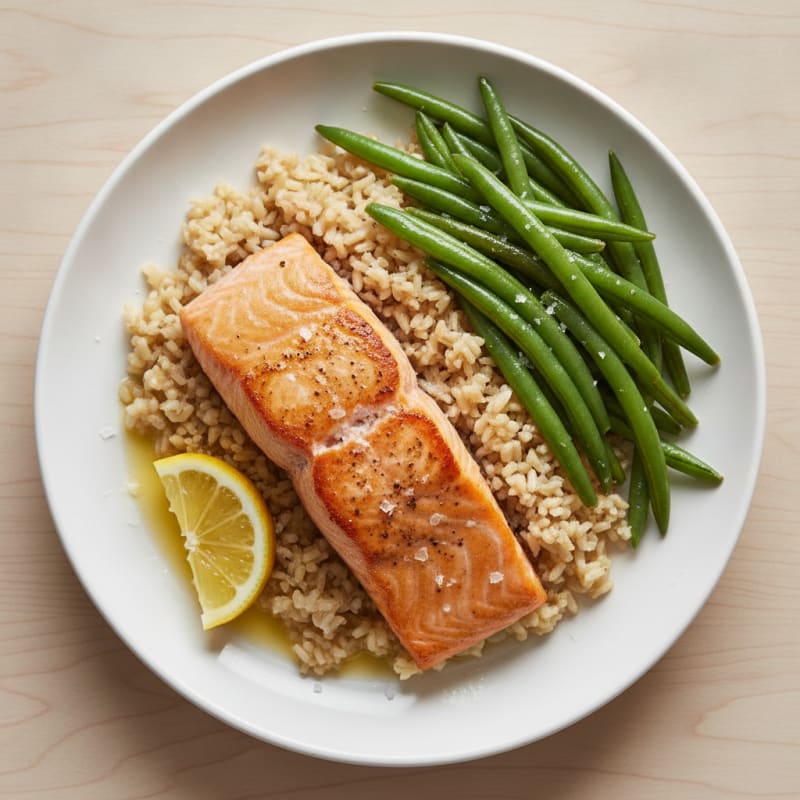 Seared Salmon Fillet with Steamed Green Beans and Brown Rice