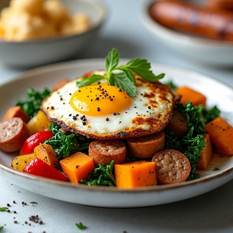 Roasted Sweet Potato and Chicken Sausage Hash with Sautéed Greens