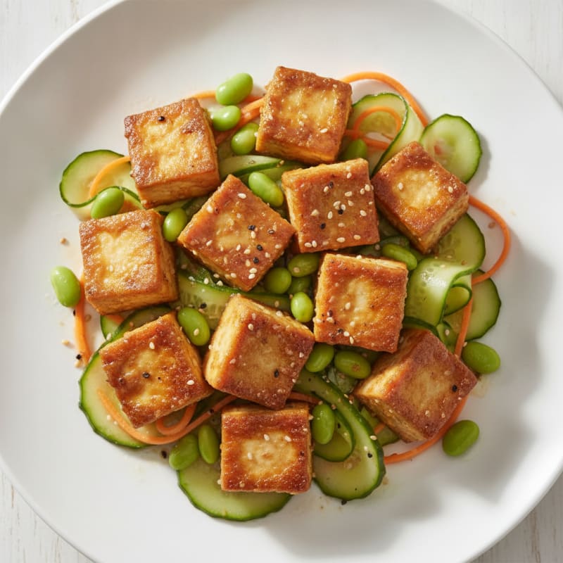 Sesame Tofu with Cucumber Carrot Ribbon Salad